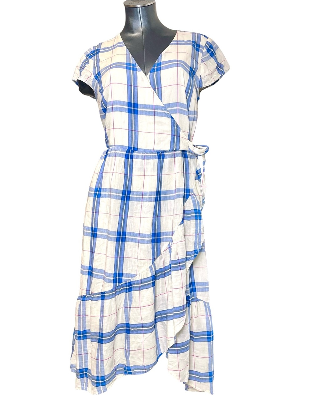 Old Navy Plaid Wrap Midi Dress Blue White Ruffle Hem Cottagecore